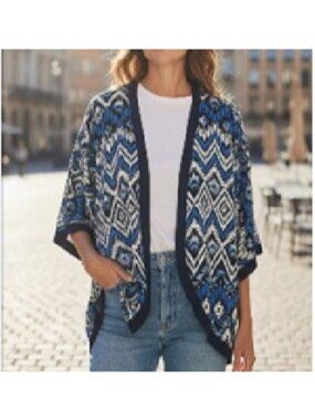 Monteau Women's M Blue & Black Aztec Print Open Front Kimono Cardigan Boho Chic